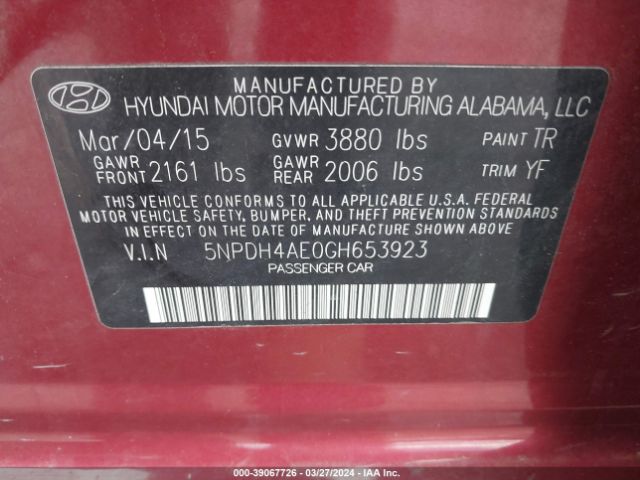 5NPDH4AE0GH653923 Hyundai ELANTRA SE
