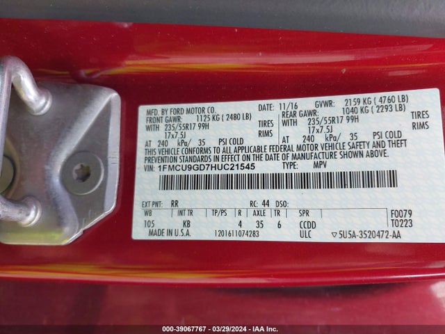 Ford ESCAPE SE 2017 1FMCU9GD7HUC21545 Image 9