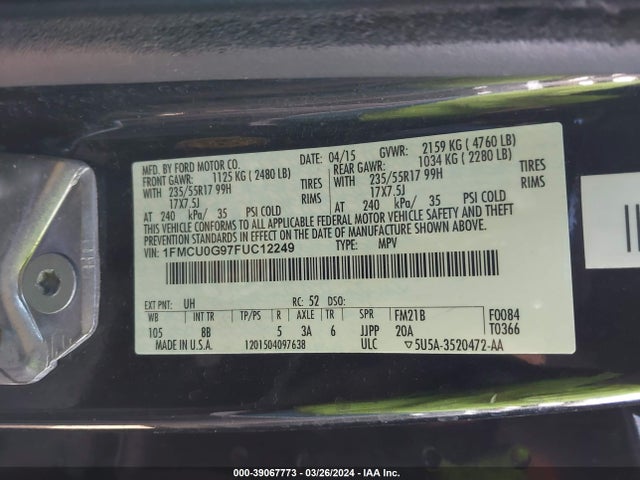 Ford ESCAPE SE 2015 1FMCU0G97FUC12249 Image 9