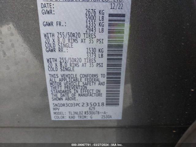 5N1DR3CD3PC235018 Nissan Pathfinder Sl 4wd