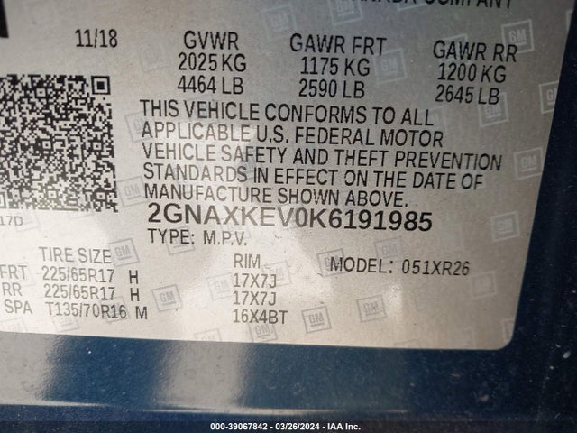 Chevrolet EQUINOX LT 2019 2GNAXKEV0K6191985 Image 9