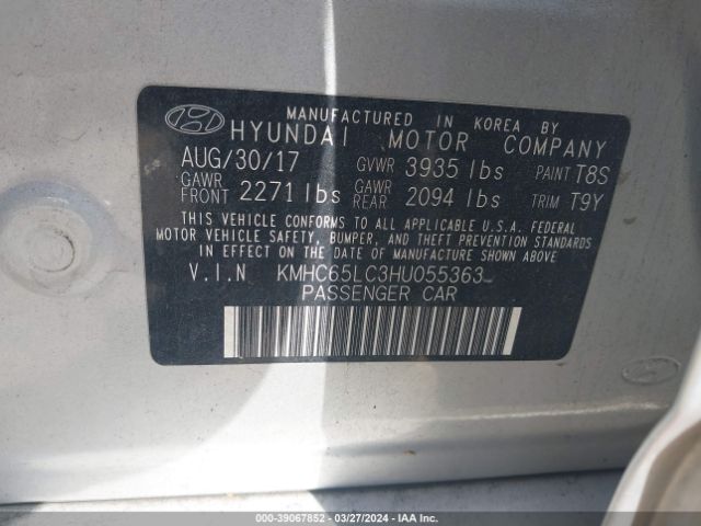 KMHC65LC3HU055363 Hyundai Ioniq Hybrid Blue