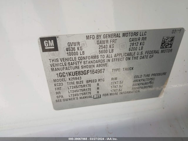 Chevrolet Silverado 2500hd Wt 2016 1GC1KUE83GF164967 Image 9