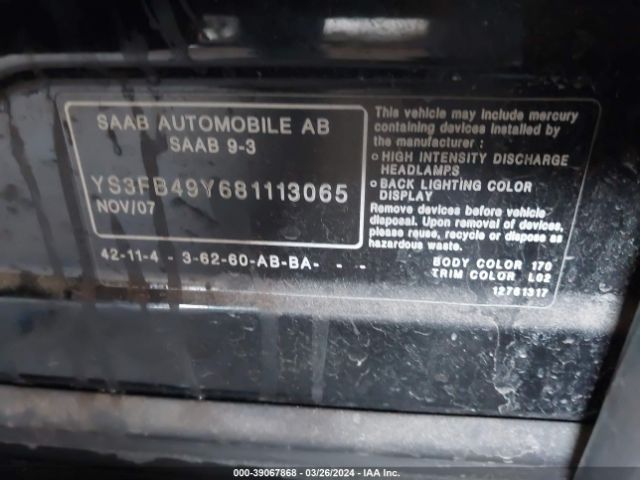 2008 SAAB 9-3 YS3FB49Y681113065 Photo 8