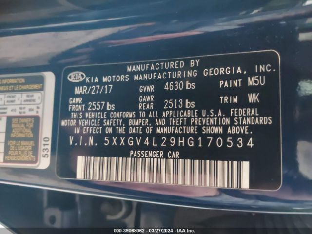 5XXGV4L29HG170534 KIA Optima Sxl Turbo