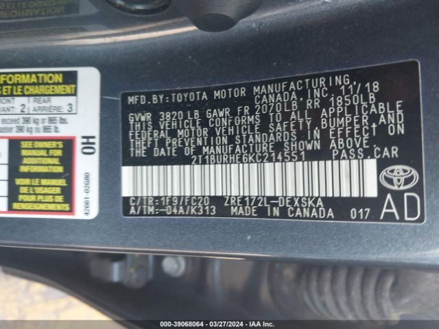 2T1BURHE6KC214551 Toyota COROLLA SE
