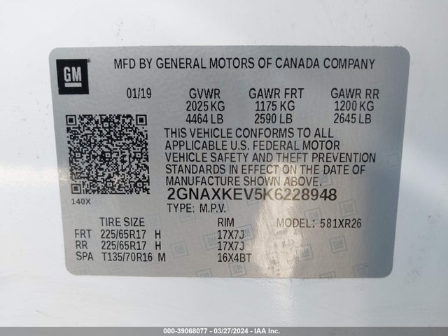 Chevrolet EQUINOX LT 2019 2GNAXKEV5K6228948 Image 9