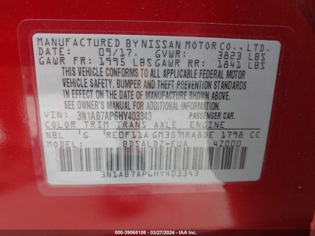 Nissan SENTRA SV 2017 3N1AB7AP6HY403343 Image 9