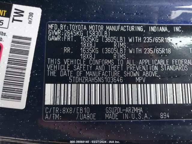 Toyota Highlander Xle 2022 5TDHZRAH5NS103646 Image 9