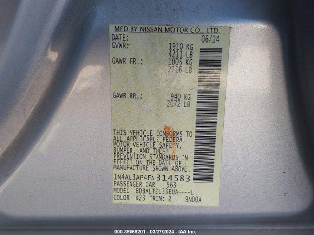 Nissan Altima 2.5 Sl 2015 1N4AL3AP4FN314583 Image 9