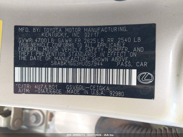 Lexus ES 350 2017 58ABK1GG3HU057944 Image 9