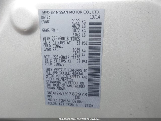 Nissan Rogue Sl 2015 5N1AT2MV2FC782978 Image 9