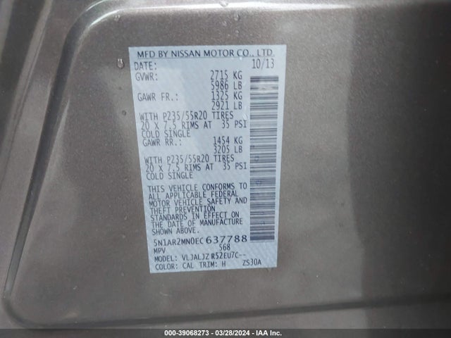 Nissan Pathfinder Platinum 2014 5N1AR2MN0EC637788 Image 9