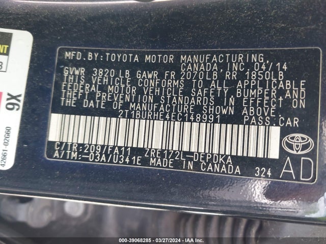 Toyota COROLLA L 2014 2T1BURHE4EC148991 Image 9
