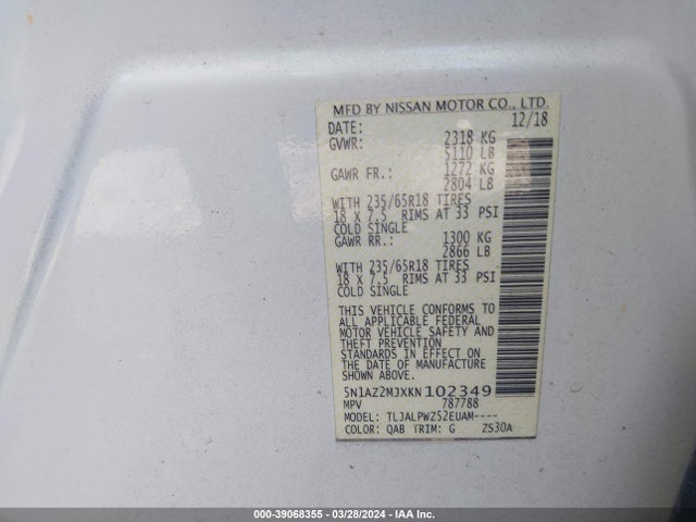 Nissan MURANO S 2019 5N1AZ2MJXKN102349 Image 9