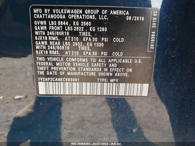 1V2AP2CA6KC583061 Volkswagen Atlas 2.0t S