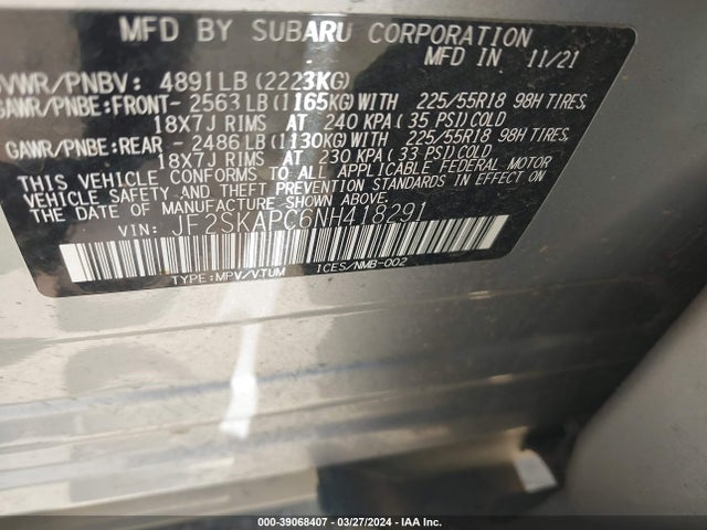 Subaru Forester Limited 2022 JF2SKAPC6NH418291 Image 9