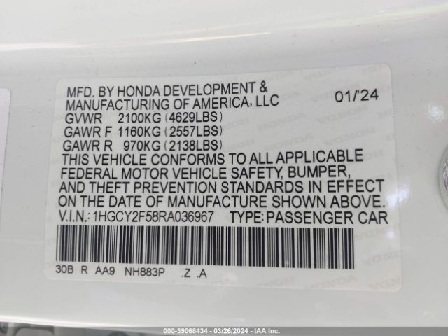 1HGCY2F58RA036967 Honda Accord Hybrid Sport