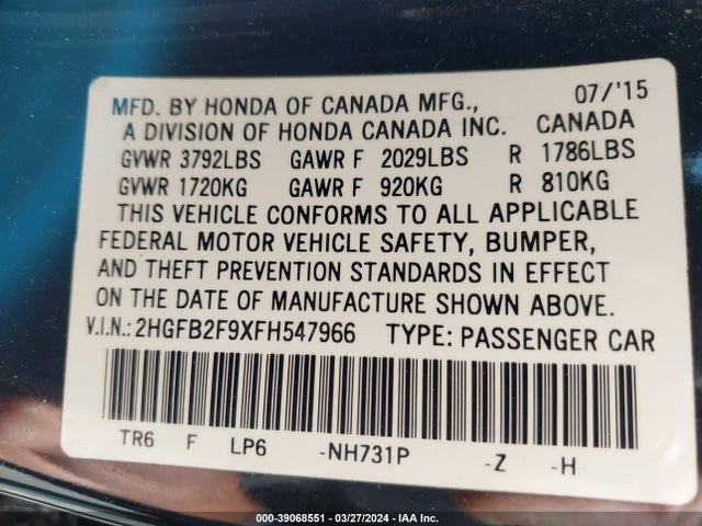 Honda Civic Ex-l 2015 2HGFB2F9XFH547966 Image 9