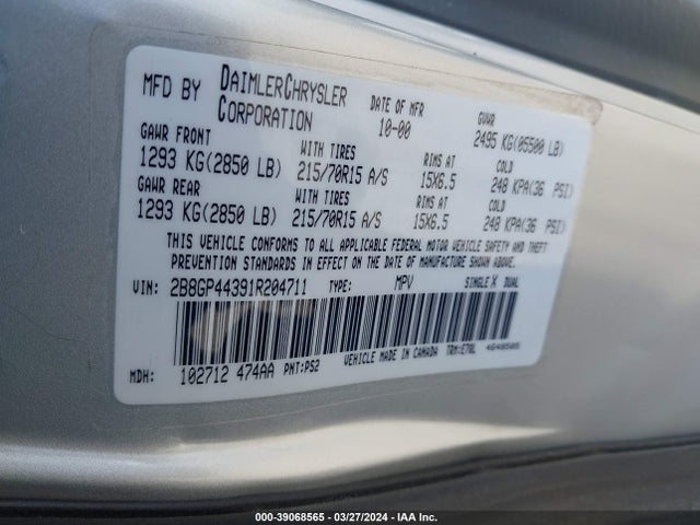 Продажа на аукционе авто 2001 Dodge Grand Caravan Sport, vin: 2B8GP44391R204711, номер лота: 39068565