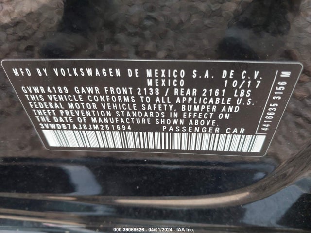 3VWDB7AJ8JM251694 Volkswagen Jetta 1.4t Se/1.4t Wolfsburg Edition