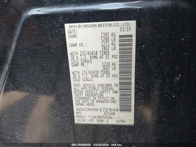 Nissan MURANO S 2019 5N1AZ2MS2KN122944 Image 9
