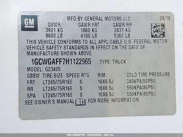 Chevrolet Express 2500 Work Van 2017 1GCWGAFF7H1122965 Image 9
