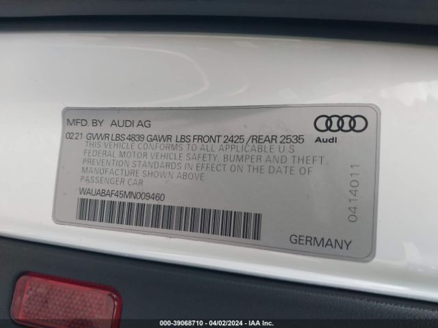 WAUABAF45MN009460 Audi A4 Premium 40 Tfsi Quattro S Tronic