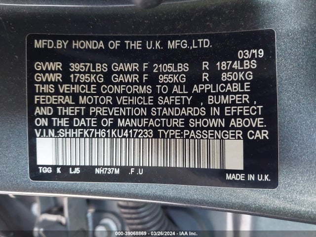 Honda CIVIC EX 2019 SHHFK7H61KU417233 Image 9
