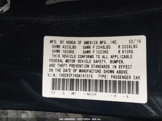 Honda ACCORD LX 2016 1HGCR2F34GA141515 Image 9