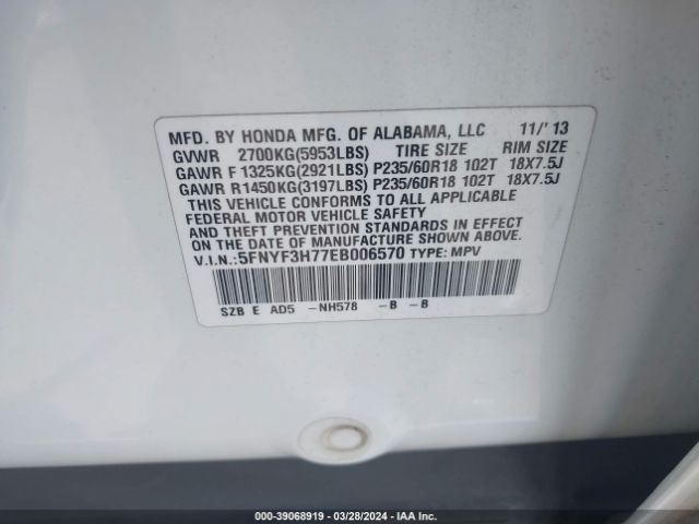 5FNYF3H77EB006570 Honda Pilot Ex-l