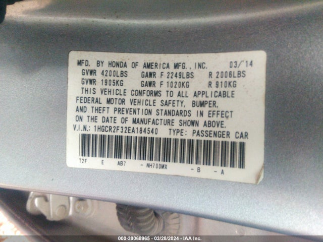 Honda ACCORD LX 2014 1HGCR2F32EA184540 Image 9