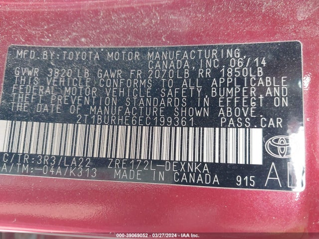 Toyota Corolla Le Premium 2014 2T1BURHE6EC199361 Image 9