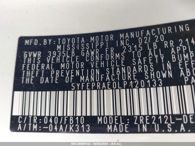 Toyota COROLLA LE 2020 5YFEPRAE0LP120133 Image 9