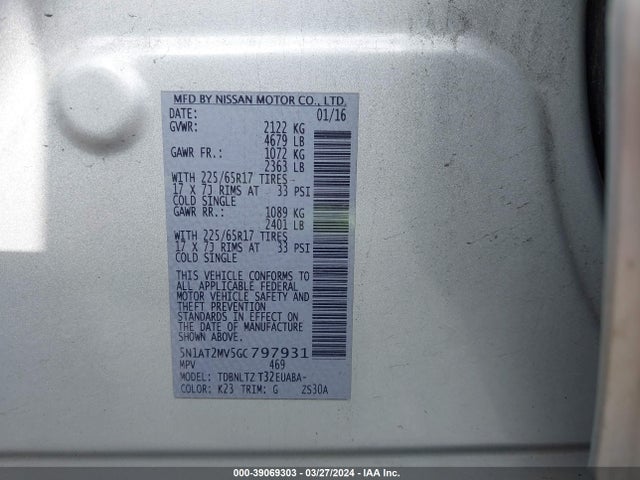 Nissan ROGUE SV 2016 5N1AT2MV5GC797931 Image 9