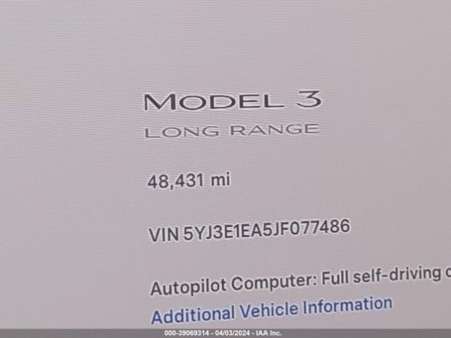 5YJ3E1EA5JF077486 Tesla Model 3 Long Range/mid Range