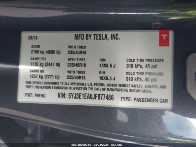 5YJ3E1EA5JF077486 Tesla Model 3 Long Range/mid Range