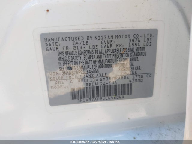 Nissan SENTRA SV 2018 3N1AB7AP2JL645064 Image 9