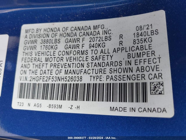 Honda Civic Sport 2022 2HGFE2F53NH526038 Image 9