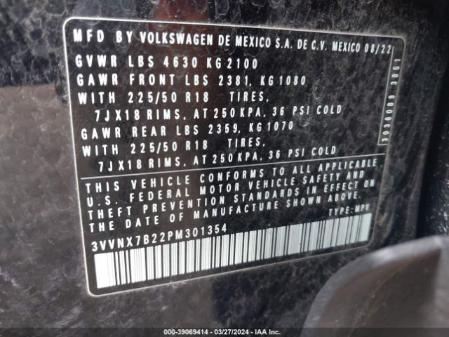3VVNX7B22PM301354 Volkswagen Taos 1.5t Se
