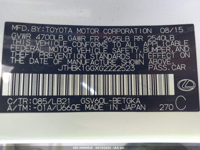Lexus ES 350 2016 JTHBK1GGXG2222523 Image 9