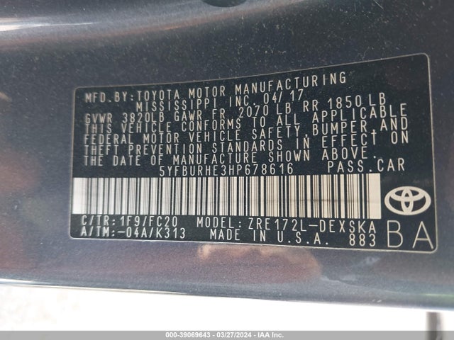 Toyota COROLLA SE 2017 5YFBURHE3HP678616 Image 9
