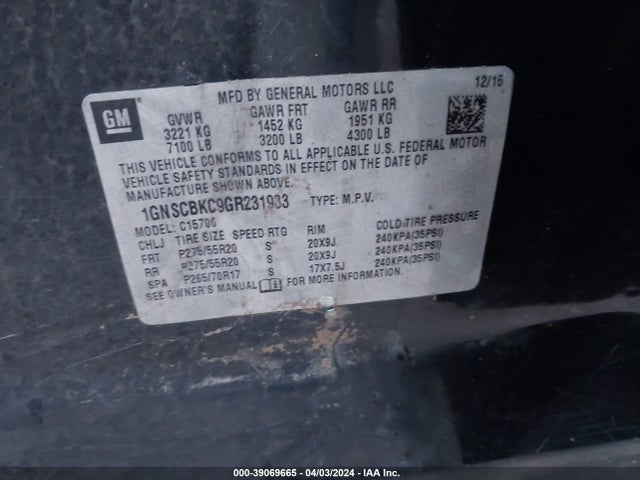 Chevrolet Tahoe Lt 2016 1GNSCBKC9GR231933 Image 9