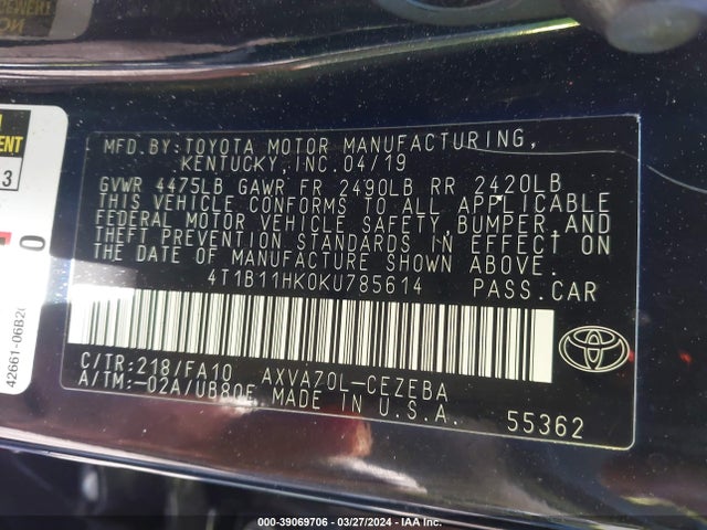 Toyota CAMRY L 2019 4T1B11HK0KU785614 Image 9