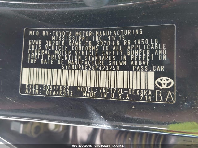 Toyota Corolla S Plus 2016 5YFBURHE2GP423258 Image 9