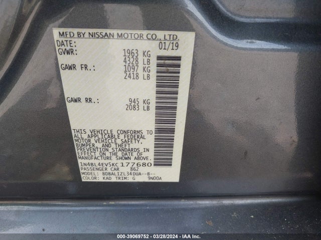 Nissan Altima 2.5 Sl 2019 1N4BL4EV5KC177680 Image 9