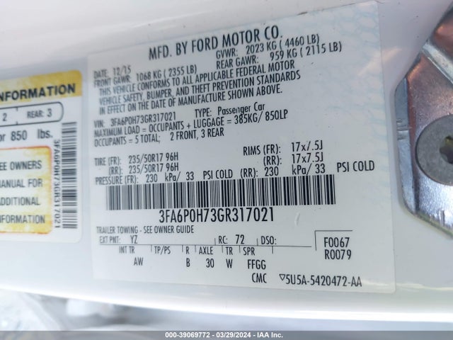 Ford FUSION SE 2016 3FA6P0H73GR317021 Image 9