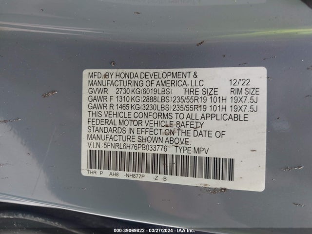 Honda Odyssey Sport 2023 5FNRL6H76PB033776 Image 9