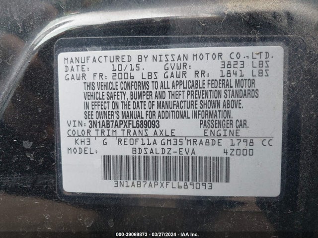 Nissan SENTRA SV 2015 3N1AB7APXFL689093 Image 9