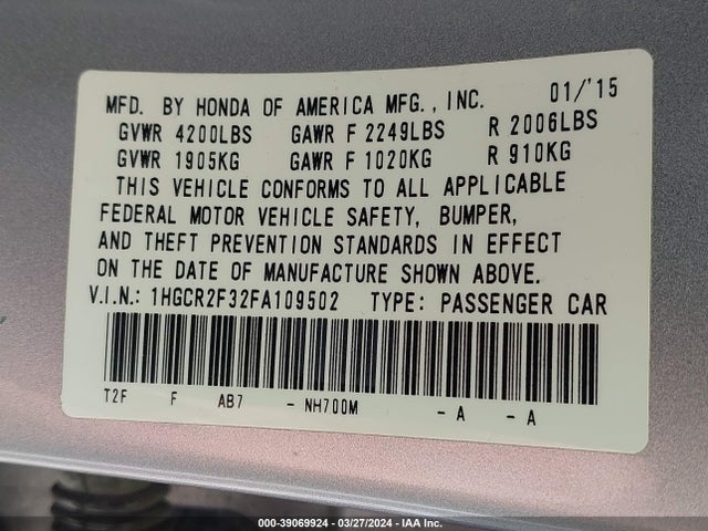 Honda ACCORD LX 2015 1HGCR2F32FA109502 Image 9